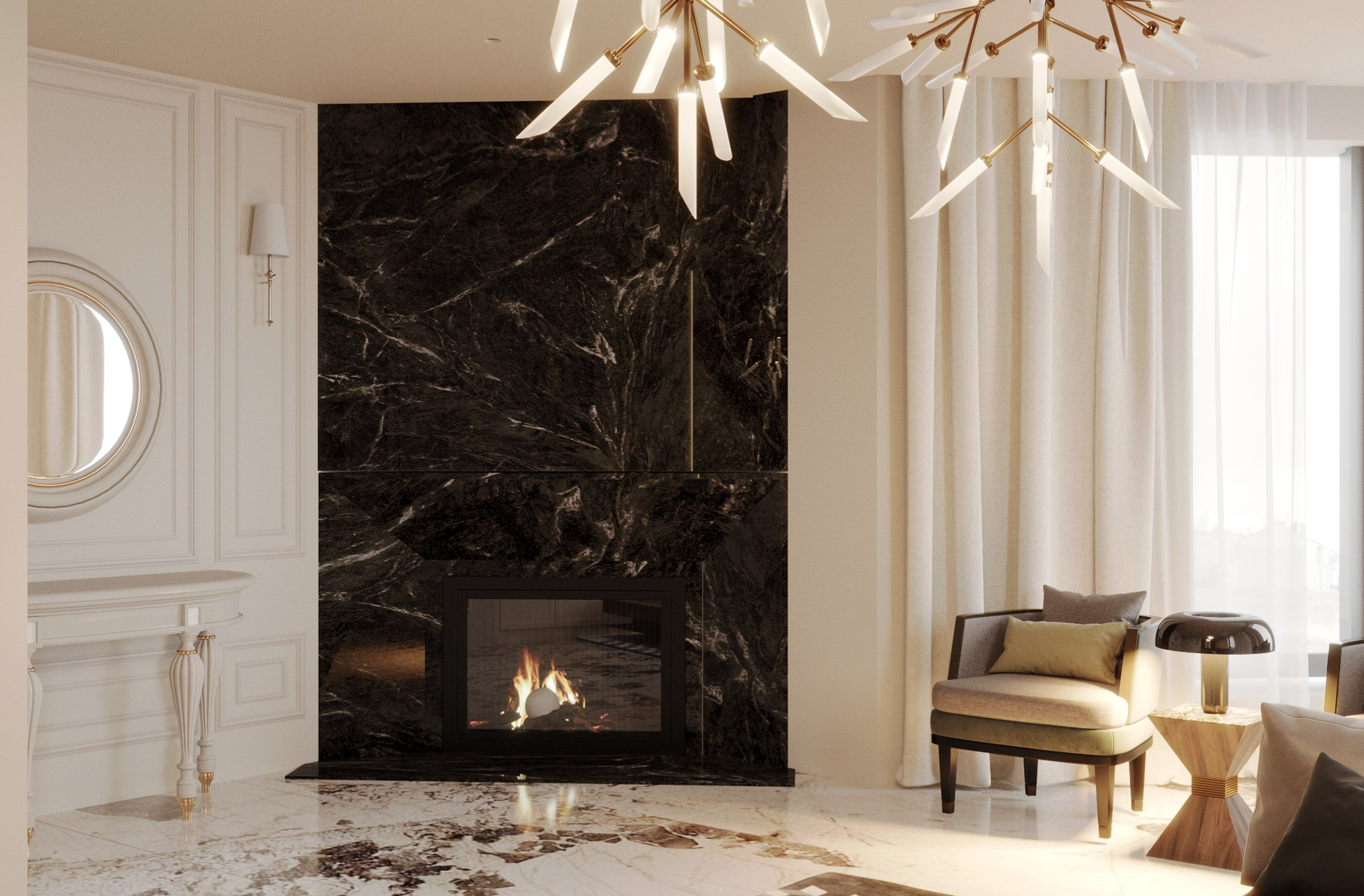 modern interior design with neutral tones and marble surfaces design